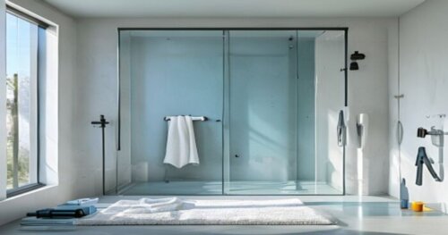 Photorealistic image of a modern bathroom with a frameless glass shower enclosure, microcement floor with slight slope, and white plasterboard walls. The glass has a subtle blueish tint indicating pho