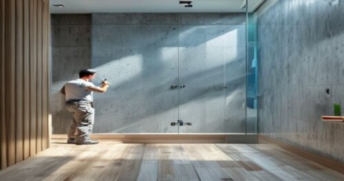 Photorealistic close-up of a shower enclosure with photocatalytic glass being installed in a bathroom with microcement walls and floating wood floor. A worker applies silicone sealant between the alum