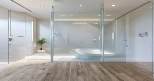 A photorealistic image of a modern bathroom with a walk-in shower enclosure featuring a glass panel with photocatalytic self-cleaning technology. The floor is vinyl wood-look planks, and the walls are