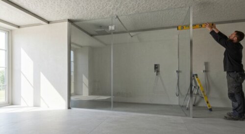 Photorealistic close-up of a modern bathroom shower enclosure with a photocatalytic self-cleaning glass panel being installed. The floor is seamless liquid porcelain in a light grey tone, and the ceil