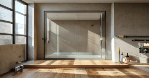 A photorealistic image of a modern bathroom with a frameless shower enclosure featuring photocatalytic self-cleaning glass. The floor is floating wood laminate, and the walls are drywall (plasterboard