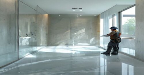 A photorealistic image of a modern bathroom with a glass shower enclosure featuring photocatalytic self-cleaning technology. The floor is liquid porcelain with a seamless, glossy finish. The walls are
