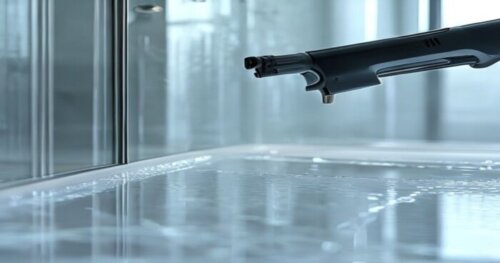 Photorealistic close-up of a glass shower screen with photocatalytic coating being installed on a seamless liquid porcelain floor. A level and silicone gun are visible. The floor has underfloor heatin