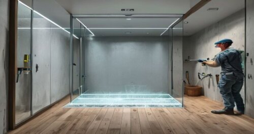 A photorealistic image of a modern bathroom with a frameless glass shower enclosure featuring a photocatalytic self-cleaning coating. The floor is wooden laminate (tarima flotante) and the walls are d