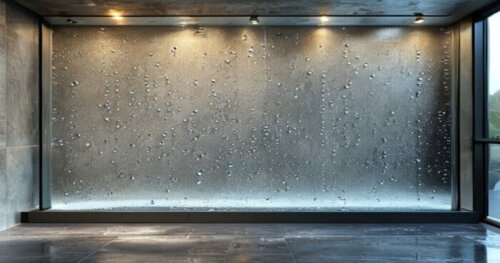 Photorealistic close-up of a frameless glass shower enclosure with photocatalytic coating, installed over a seamless liquid porcelain floor and moisture-resistant gypsum board wall. Water droplets bea