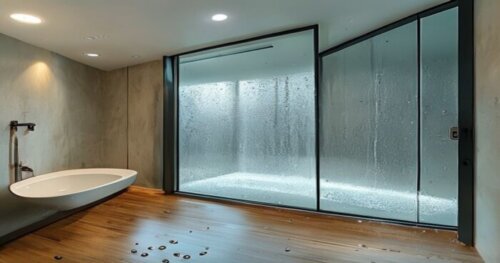 A modern bathroom with a frameless shower enclosure made of self-cleaning glass, featuring photocatalytic technology. The floor is vinyl wood-look planks, and the walls are smooth drywall (plasterboar
