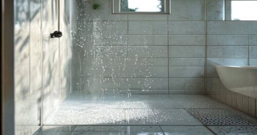 Photorealistic close-up of a modern bathroom shower enclosure with self-cleaning glass, water beading up and rolling off the surface, showing the hydrophobic effect. The background includes a tiled wa