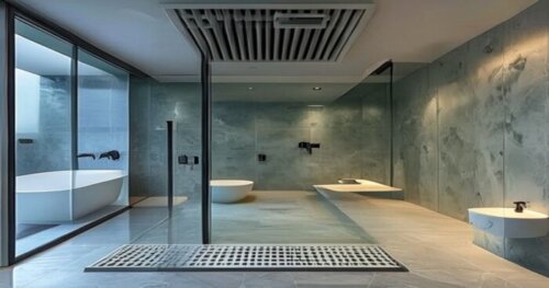 Photorealistic image of a modern bathroom with a frameless glass shower screen (self-cleaning), underfloor heating visible through a cutaway in the floor, and liquid porcelain wall coating. A ventilat
