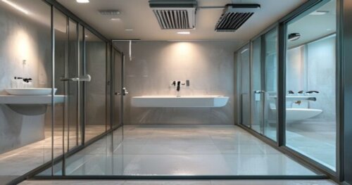 Photorealistic close-up of a modern bathroom shower with a frameless self-cleaning glass partition, epoxy resin floor with subtle anti-slip texture, and a ceiling-mounted mechanical ventilation extrac