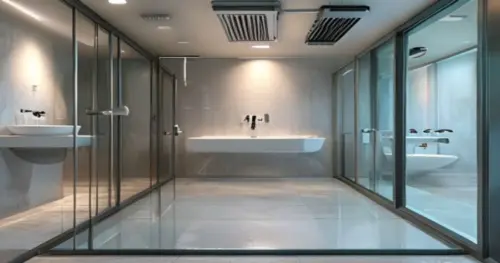Mamparas autolimpiables en baños con suelo epoxi y VMC