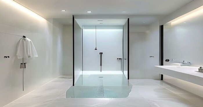 Mamparas ducha apertura invisible: instalación en porcelánico líquido y yeso laminado
