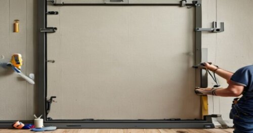 Photorealistic close-up of a frameless shower door with invisible hinges being installed on a bathroom wall made of plasterboard (drywall). A worker is applying silicone sealant along the bottom profi