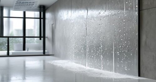 Photorealistic close-up of a modern bathroom shower enclosure with self-cleaning glass, installed on a seamless microcement floor. The glass has water droplets beading up and rolling off, showing the