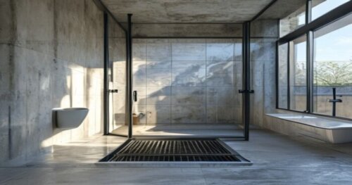 A photorealistic image of a modern bathroom with a walk-in shower featuring a frameless self-cleaning glass partition. The floor is a polished concrete with a subtle slope towards a linear drain. The