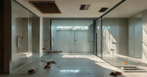 Photorealistic photo of a modern bathroom with a microcement floor, a glass shower enclosure being installed, and a ventilation duct visible on the ceiling. Tools like a drill and silicone gun on the