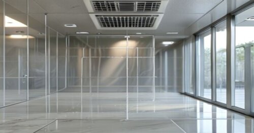 Photorealistic close-up of a glass shower enclosure installed on a porcelain tile floor, with silicone sealant being applied along the aluminum profile. The background shows a bathroom with a mechanic