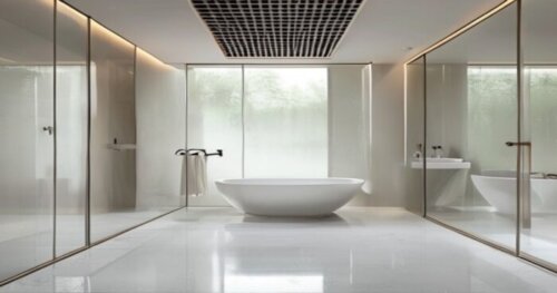 Photorealistic image of a modern bathroom with a glass shower screen, a ventilation grille on the ceiling, and a seamless liquid porcelain floor. The shower area is dry, with no condensation on the gl
