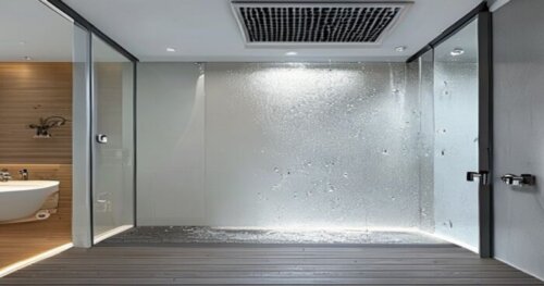 Photorealistic image of a modern bathroom with a walk-in shower featuring a glass shower screen with hydrophobic treatment. The floor is vinyl wood-look planks. A ventilation grille (VMC) is visible o