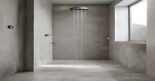 Photorealistic image of a small bathroom with a microcement floor and a sliding shower screen. The shower screen is open, showing a modern rain shower head. Natural light comes from a small window. Th
