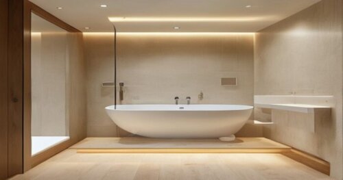 Photorealistic interior of a modern bathroom with a curved shower enclosure installed on a floating wood floor. The shower has a curved glass door and a white tray. The walls are plasterboard (drywall