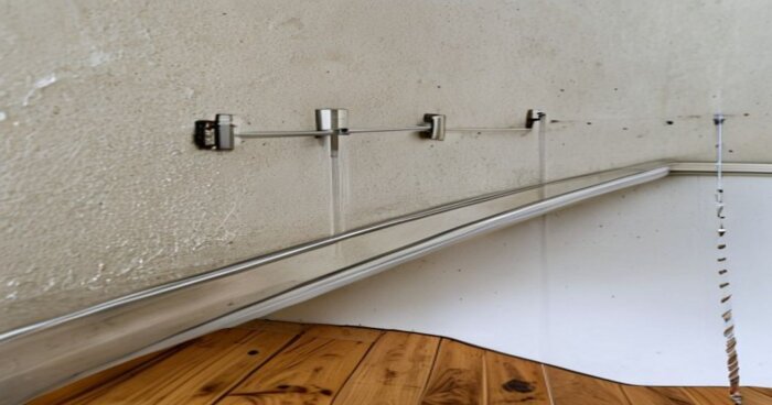 Mamparas curvas en baños con tarima y yeso laminado