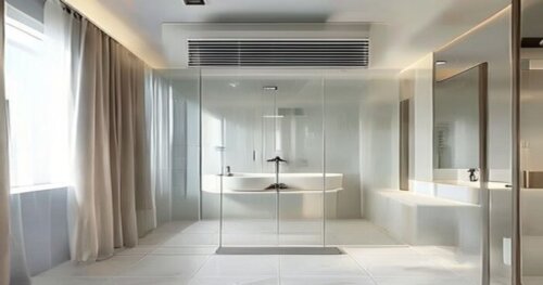 Photorealistic image of a modern bathroom with a glass shower enclosure featuring an integrated ventilation system in the top frame. The bathroom has a suspended ceiling and porcelain tile floor. The