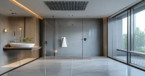 Photorealistic image of a modern bathroom with a glass shower enclosure installed on a vinyl floor, showing the sealing details at the bottom. The walls are finished with moisture-resistant panels, an