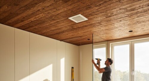 Photorealistic image of a bathroom with a wooden structure ceiling, a plaster false ceiling with a VMC vent, and a glass shower screen being installed. A worker is using a level and drill. Natural lig