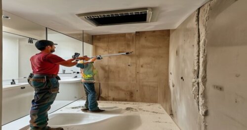 A realistic photo of a bathroom with a glass shower enclosure being installed on a plasterboard wall. The wall is partially open showing wooden studs behind the plasterboard. A worker is using a level