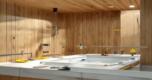 Photorealistic close-up of a shower enclosure being installed on a wooden panel wall in a prefabricated house bathroom, with tools and silicone sealant visible, natural lighting, high detail.