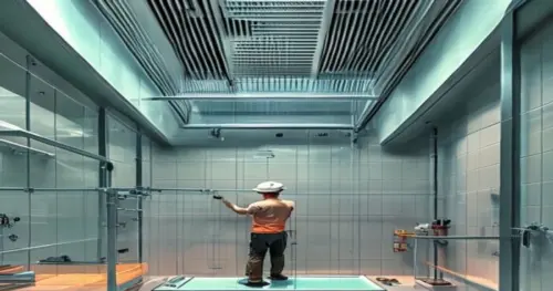 A photorealistic image of a modern bathroom with a glass shower enclosure being installed. The ceiling is a suspended drywall ceiling with visible metal studs and ventilation grilles. A worker is fixi