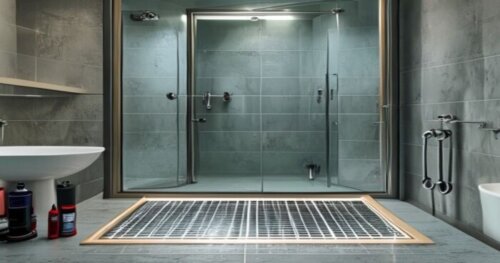 A photorealistic image of a modern bathroom with a pivot shower door installed on a porcelain tile floor. The floor has visible radiant heating system pipes embedded in concrete. The shower door is op