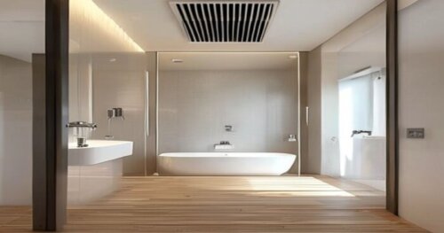 Photorealistic interior of a modern bathroom with a walk-in shower enclosure, floating wooden floor, and a white mechanical ventilation grille on the ceiling. The shower has a frameless glass screen a