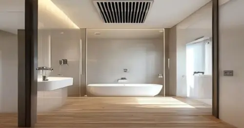 Photorealistic interior of a modern bathroom with a walk-in shower enclosure, floating wooden floor, and a white mechanical ventilation grille on the ceiling. The shower has a frameless glass screen a