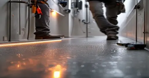 Photorealistic close-up of a shower enclosure installation on a vinyl floor with electric underfloor heating. A worker is applying silicone sealant between the aluminum profile and the vinyl flooring.