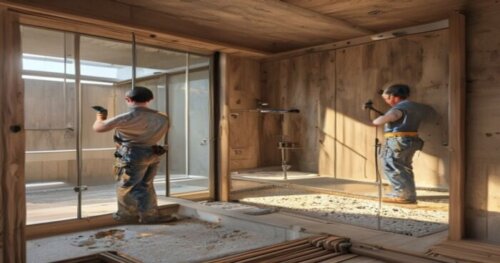 Photorealistic image of a modern bathroom in a wooden house, with a glass shower enclosure being installed. The floor shows underfloor heating pipes embedded in mortar. A worker in overalls is careful