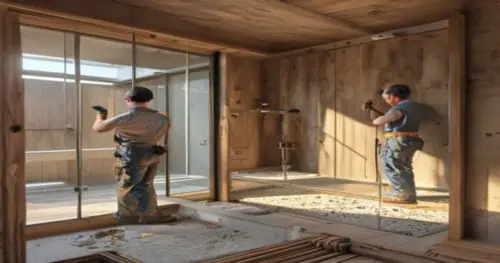 Photorealistic image of a modern bathroom in a wooden house, with a glass shower enclosure being installed. The floor shows underfloor heating pipes embedded in mortar. A worker in overalls is careful