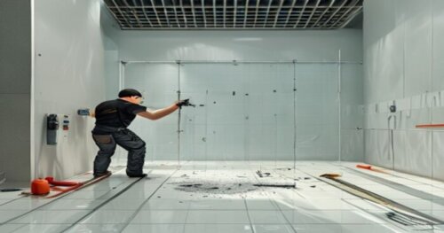 A photorealistic image of a modern bathroom with a glass shower enclosure being installed on a porcelain tile floor. A professional worker is using a drill with a diamond bit to make a hole in the por