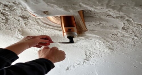 Close-up of a person cutting a precise circular hole in a white plaster ceiling with a hole saw, revealing a copper pipe inside. The scene is well-lit, photorealistic, showing the plaster dust and car