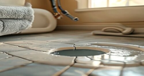 A close-up photorealistic image of a bathroom floor with porcelain tiles, showing a small circular cutout revealing a PVC pipe with a crack being repaired using epoxy putty. The background includes a