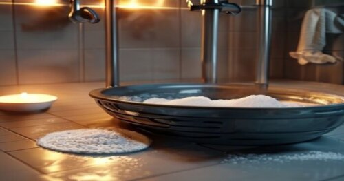 Realistic close-up of a shower drain in a vinyl floor bathroom, with a silicone plunger and a bowl of baking soda nearby, under warm lighting, photorealistic, 8K