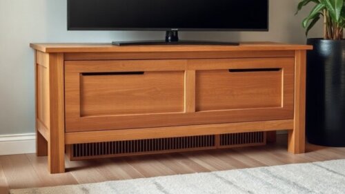 Realistic photo of a custom-built wooden TV stand with slotted front panel allowing airflow, installed over a skirting heating system in a modern living room.