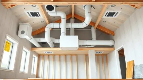 Photorealistic cross-section of a modern house renovation showing a double-flow mechanical ventilation system with insulated flexible ducts hidden inside a gypsum board false ceiling. A heat recovery