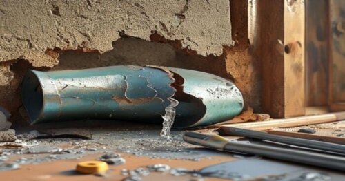 A close-up photorealistic image of a damaged polybutylene pipe inside a cut-out section of a drywall (gypsum board) wall. The pipe has a visible crack and water droplets. Tools like a cutter, wrench,