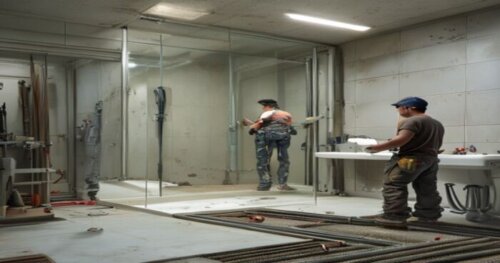 A photorealistic image of a bathroom renovation in progress, showing a glass shower enclosure being installed on a plasterboard wall. The floor has visible heating pipes embedded in screed, with a tec