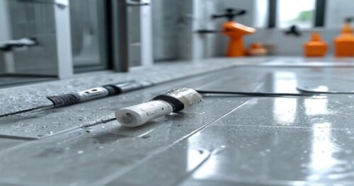 Photorealistic close-up of a shower screen installation on porcelain tile floor, showing a drill with diamond bit on tile, silicone sealant tube nearby, and a level tool. Bright bathroom with modern f