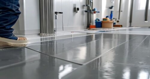 Photorealistic close-up of a shower enclosure being installed on a laminate flooring bathroom. The installer is applying silicone sealant along the aluminum profile at the floor junction. The laminate