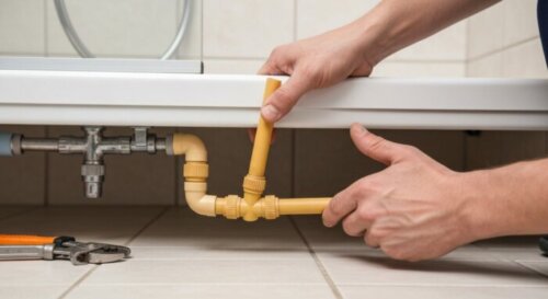 A close-up photorealistic image of a plumber's hands repairing a PEX pipe leak under a shower tray with porcelain tile floor. The hands are using a push-fit coupling to connect two ends of a cut PEX p