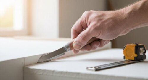 Photorealistic close-up of a hand cutting a rectangular hole in a plasterboard wall with a utility knife, revealing a PEX pipe inside. The wall is white, the pipe is red or blue. Tools like a cutter a