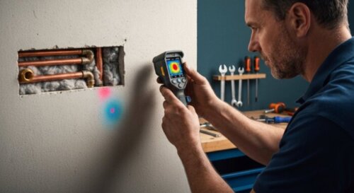 A realistic photo of a plumber using a thermal imaging camera on a plasterboard wall to detect a water leak. The wall has a small cutout exposing copper pipes and rock wool insulation. The camera scre